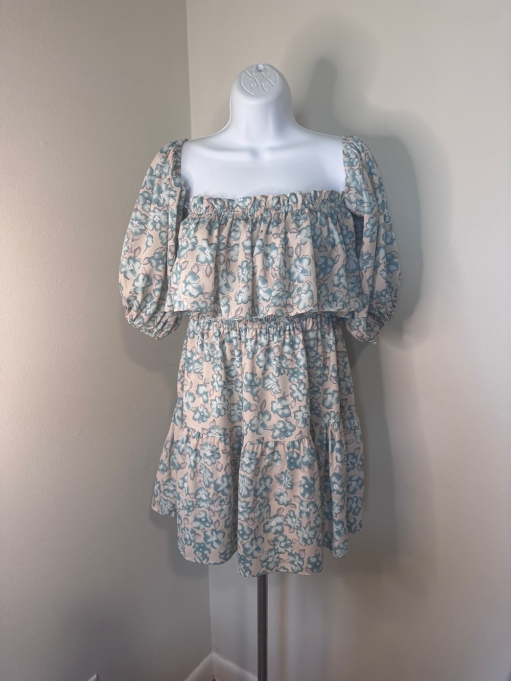 Lush Cream Mini Dress with Light Blue Floral Print